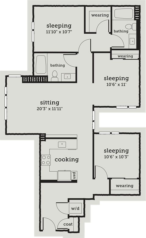 Floor plan for 3 beds, 2 baths, 1233 sqft